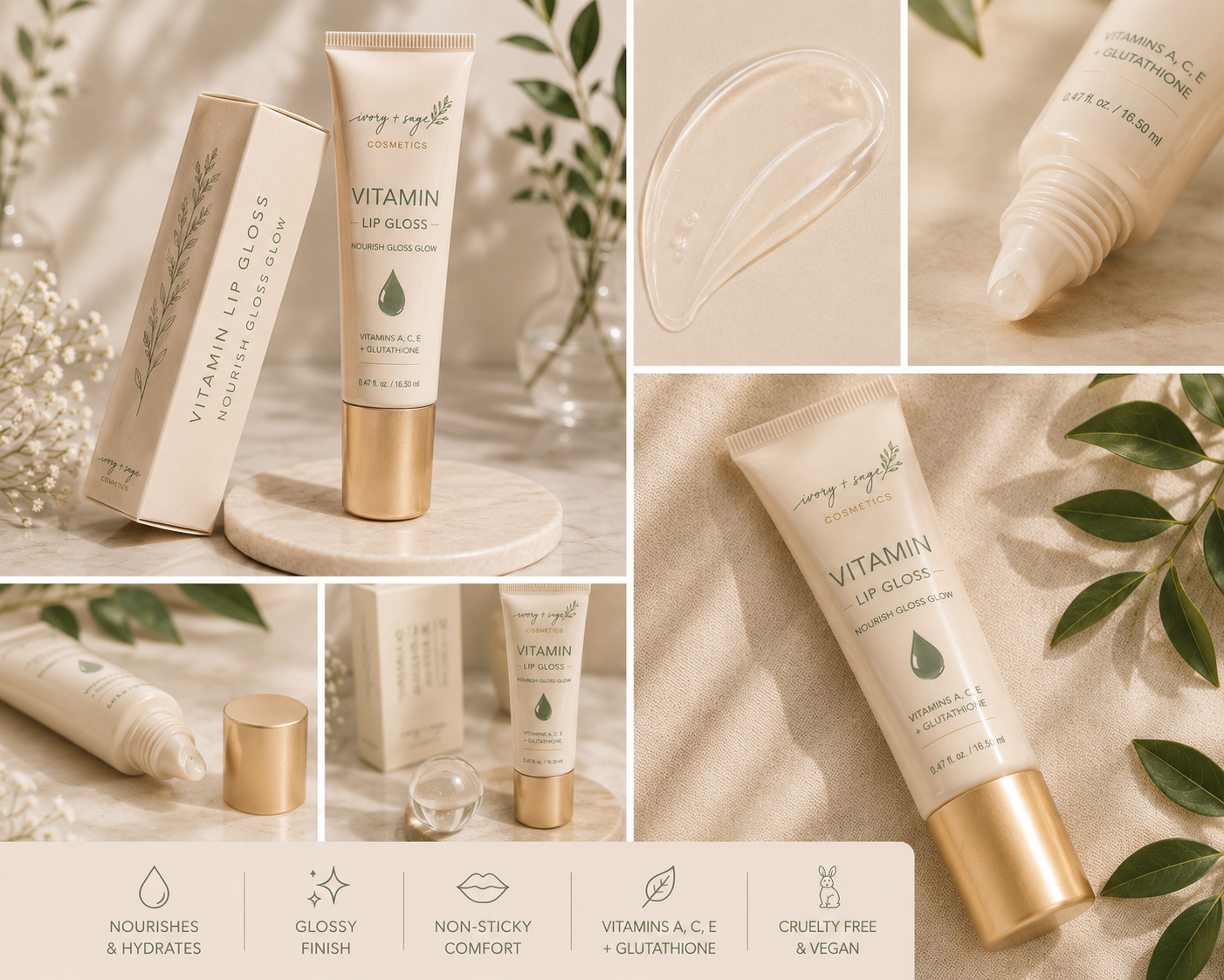 Vitamin Lip Gloss, Nourishing Shine with Vitamins A, C, E & Glutathione